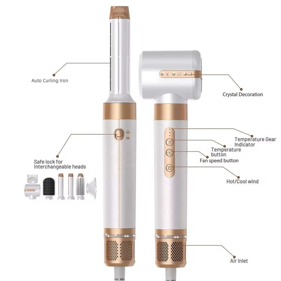 7 in 1 Hair Blow Dryer Brush Auto Curler Hot Air Brush Comb High Speed Hair Dryer Set Multi Styler - Sccoti