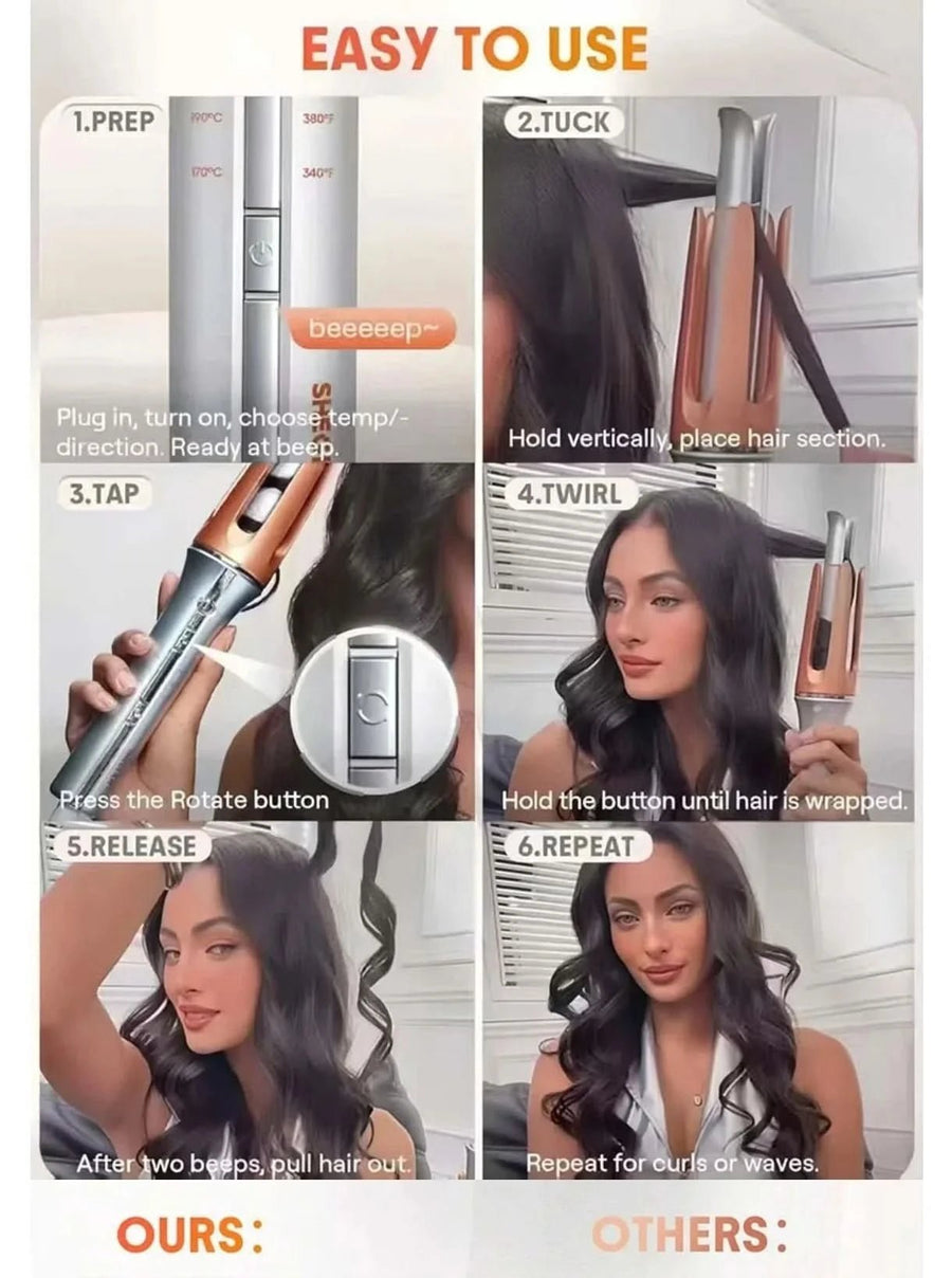 5 Temperature Levels Professional Automatic Portable 360° Ceramic Hair Curler PTC Heater Negative Ion Technology Spiral Wand - Sccoti